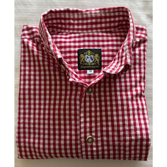 Hammerschmid Men's Dress Shirt L/S Size 39 Red/White Gingham A+ - Picture 2 of 6